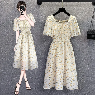 Low Prices Plus Size White Square Neck Floral Dress