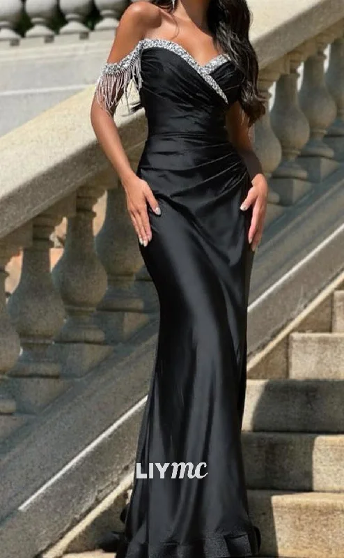 Hurry In LP2006 - Off-Shoulder Beaded Fringe Sleek Satin Mermaid Prom Dress