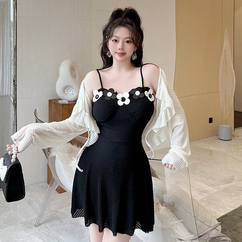 Seasonal Clearance Plus Size Korean Floral Dress Swimsuit With Cardigan