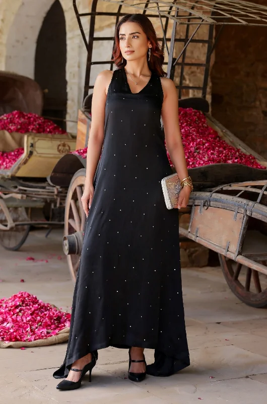 Exclusive Offers Black Sequin Satin Maxi Dress