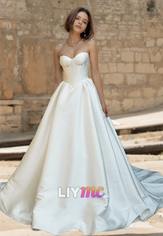 Special Savings Sweetheart Strapless Pleated Satin A-Line Simple Wedding Dress