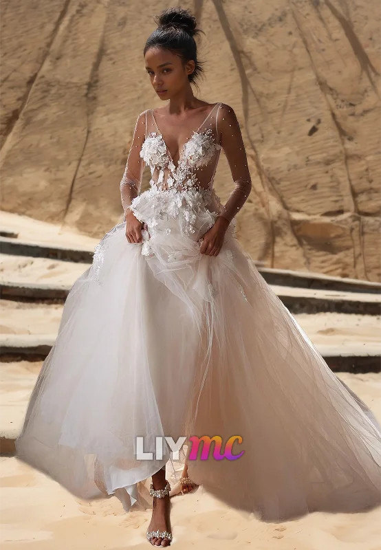 Loyalty Reward V-Neck Long Sheer Sleeves Floral Embellished Ball Gown Wedding Dress Loyalty Reward V-Neck Long Sheer Sleeves Floral Embellished Ball Gown Wedding Dress