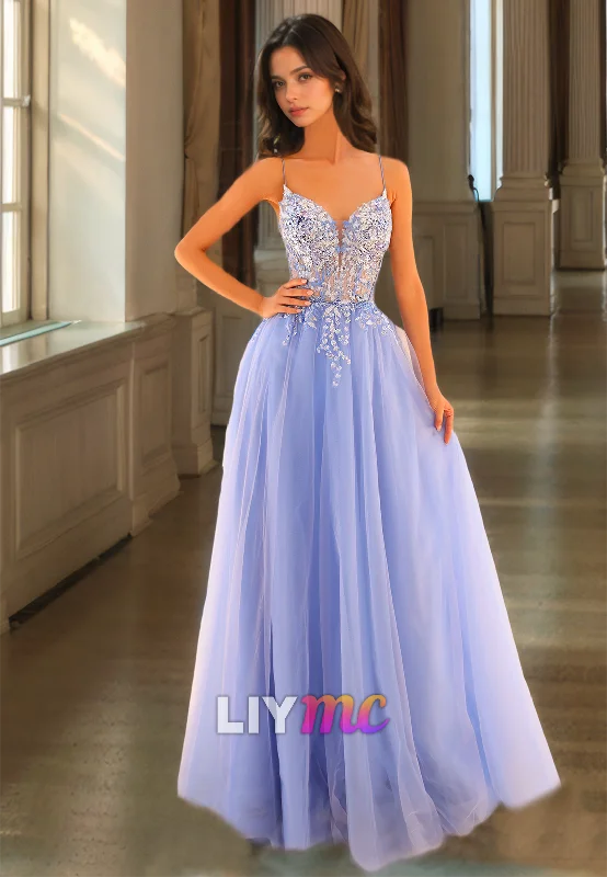 Markdown Madness V-Neck Spaghetti Straps Appliques Tulle A-Line Prom Dress