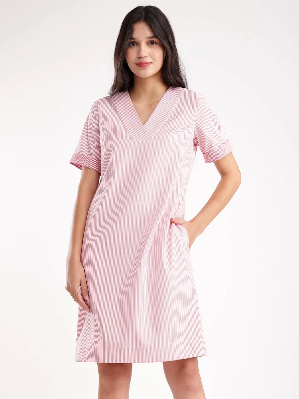 Limited Availability Cotton Striped Shift Dress - Red And White