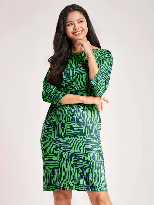 Early Access Geometric Boat Neck Dress - Green And Blue