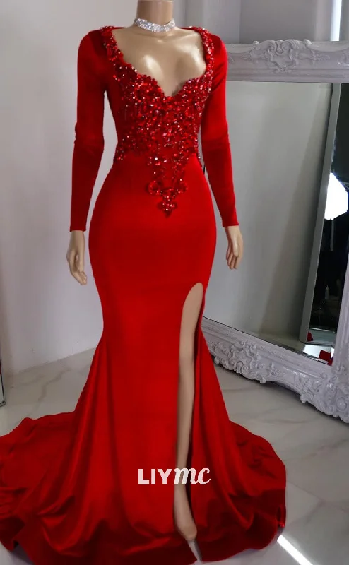 Savings Alert LP2213 - V-Neck Long Sleeves Beaded High Slit Sleek Prom Dress for Black Girls Savings Alert LP2213 - V-Neck Long Sleeves Beaded High Slit Sleek Prom Dress for Black Girls