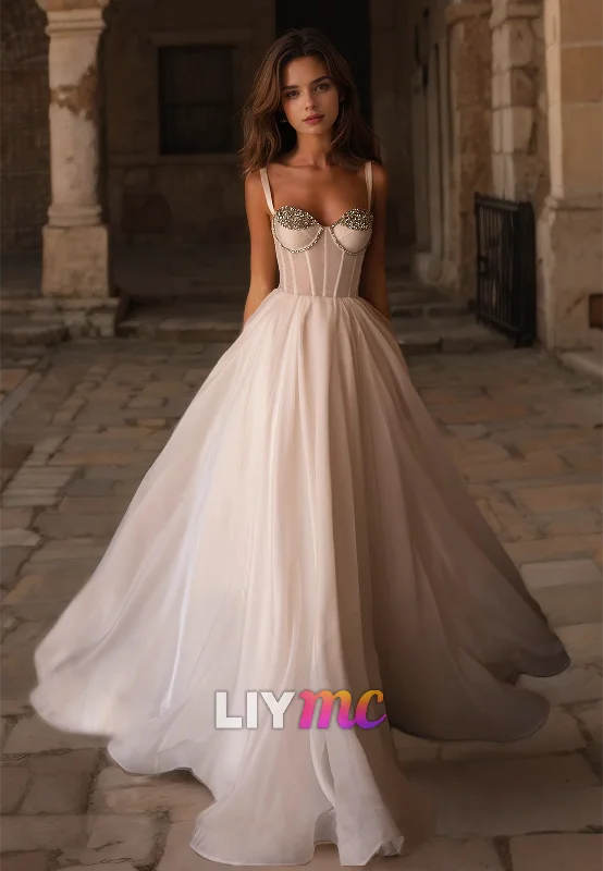 Discount Deals Sweetheart Straps Beaded Pleated A-Line Wedding Dress