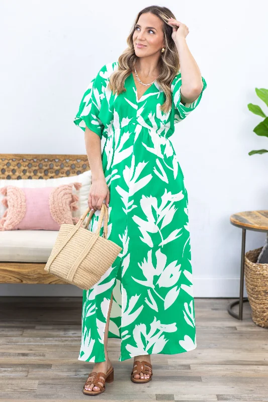 Kelly Green Print V-Neck Maxi Dress