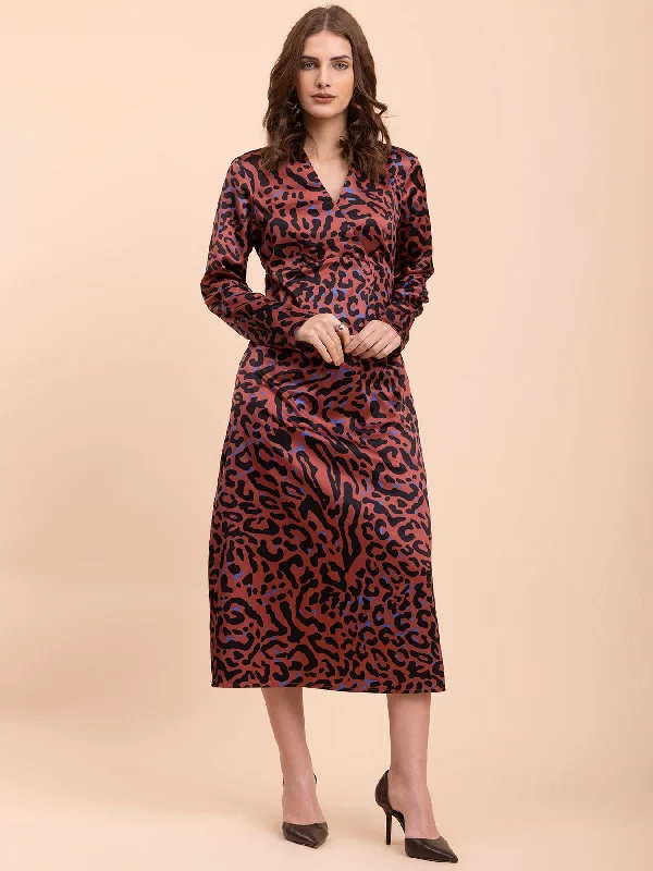 Blowout Sale Satin Animal Print Shift Dress - Multicolour