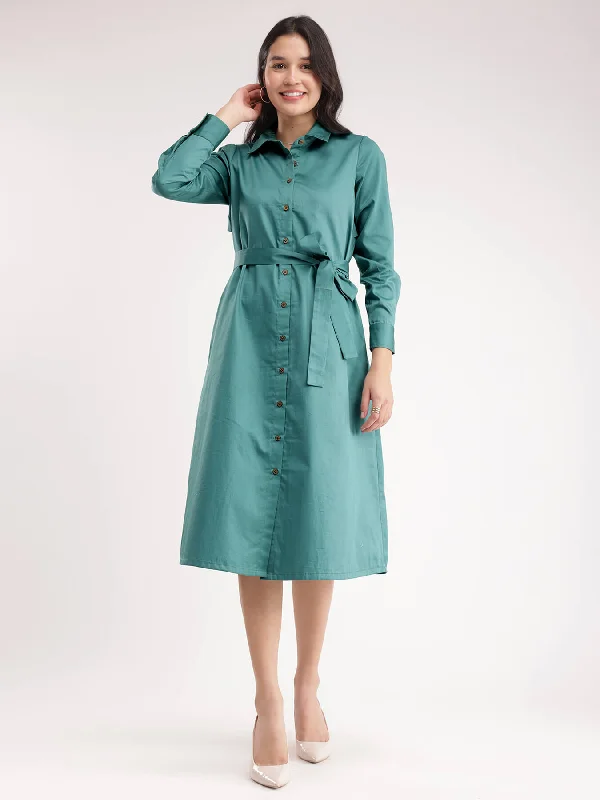 Cotton Satin Shirt Dress - Teal