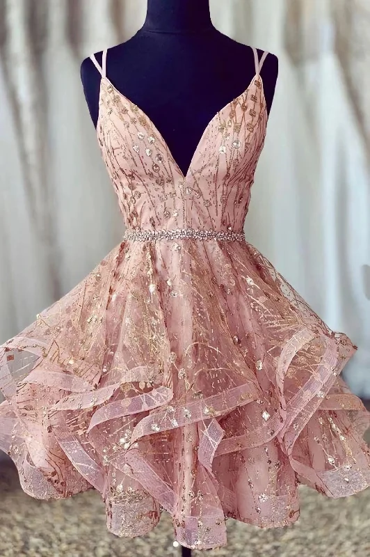 Inventory Reduction Cheap A Line Spaghetti Straps Lace Up V Neck Pink Homecoming Dress, With Sequins