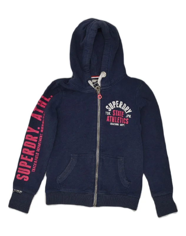 Price Fest SUPERDRY Womens Graphic Zip Hoodie Sweater UK 10 Small Navy Blue Cotton
