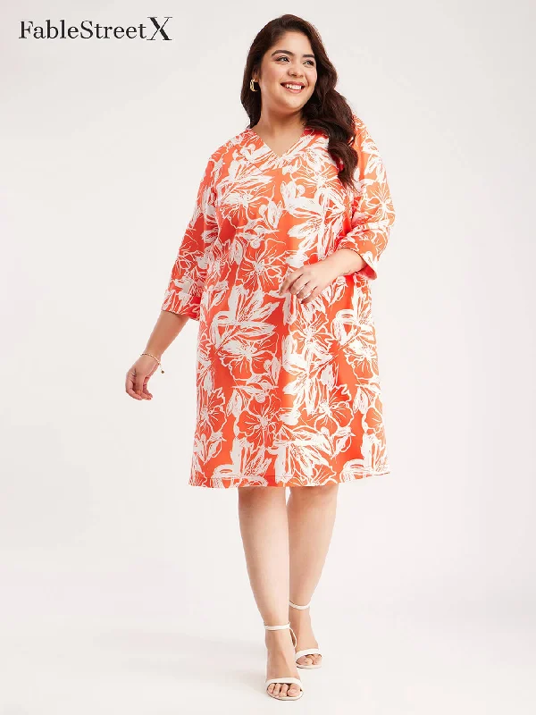 Year-End Sale Floral Print Shift Dress - Coral And Off White