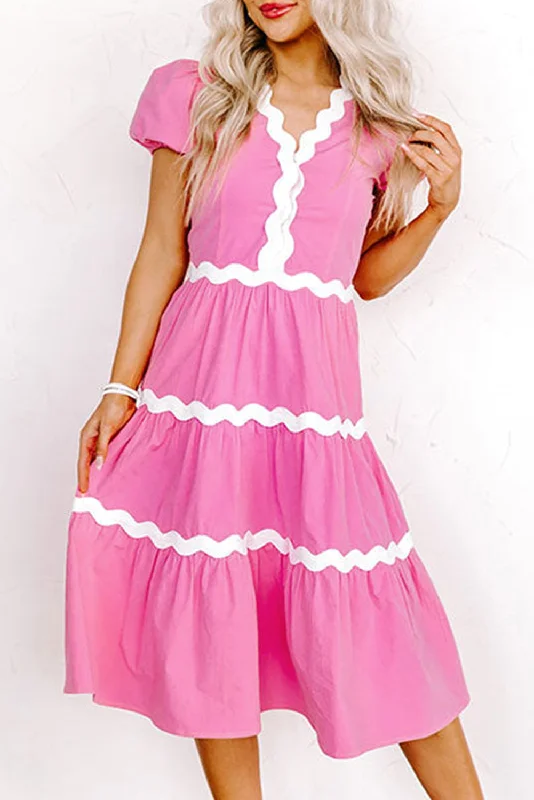 Steals and Deals Bonbon Ric Rac Trim Short Puff Sleeve Flowy Midi Dress