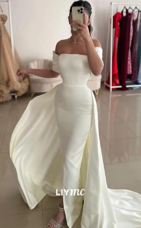 Buy Now LP1970 - Simple Off-Shoulder Sleek Satin Sheath Prom Dress