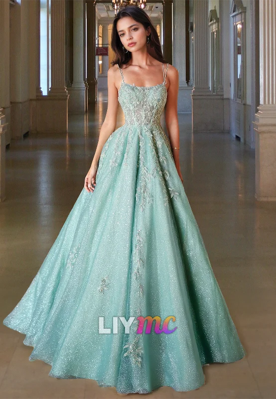 Special Savings Scoop Spaghetti Straps Floral Appliques Pleated A-Line Prom Dress