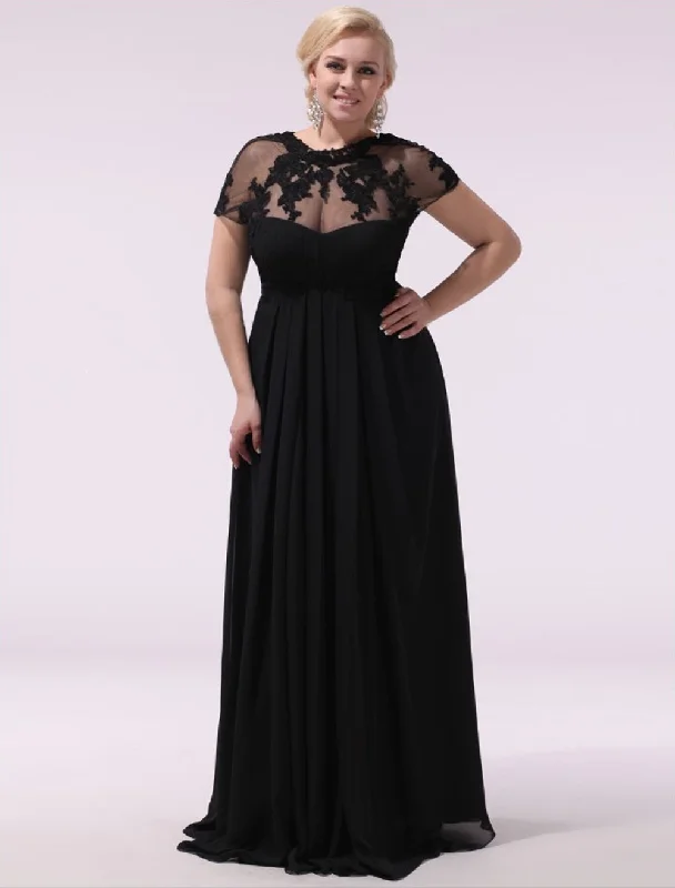 Final Clearance Gorgeous Black Evening Dresses Plus Size Evening Dress Chiffon Lace Applique Illusion Short Sleeves Floor Length Wedding Guest Dress