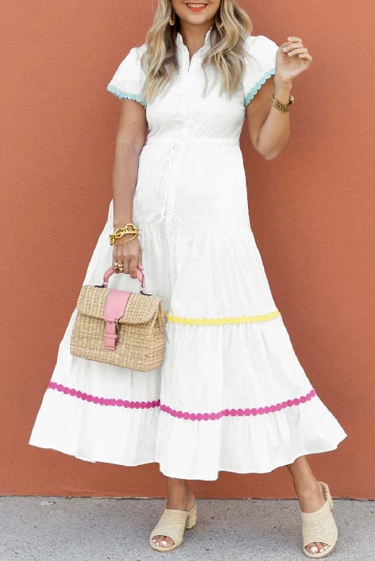 Best Bargains White Colorblock Rickrack Trim Short Sleeve Drawstring Waist Long Dress