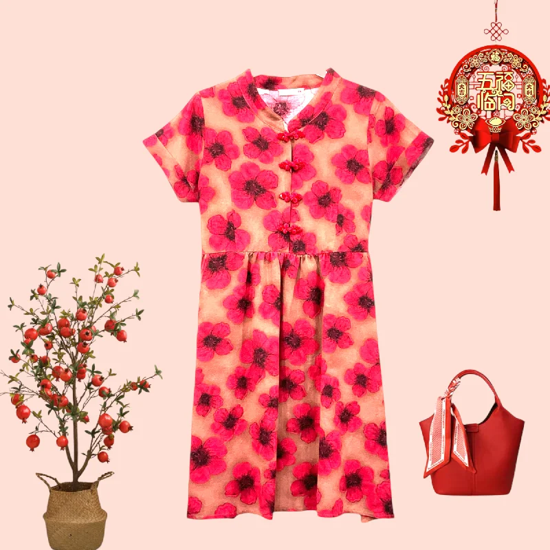 Patch Women Cheongsam Cotton Linen Printed Dress