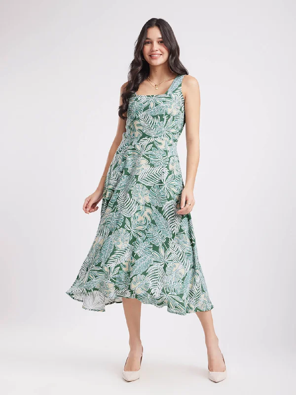 Floral Fit And Flare Dress - Green