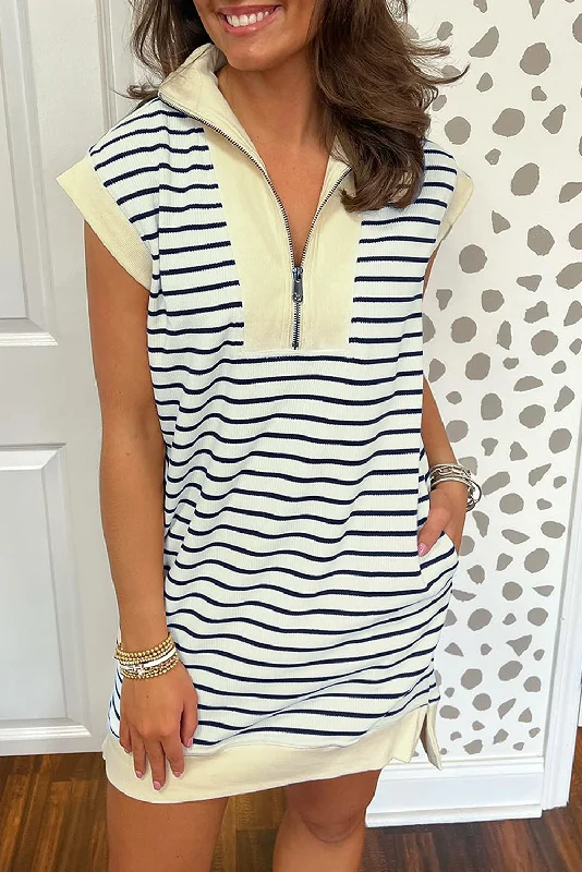 Online Only Blue Stripe Quarter Zip Collared Cap Sleeve Mini Dress