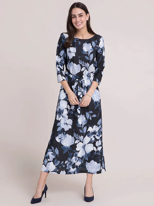 Daily Deals Boat Neck Floral A Line Dress - Black and Navy Blue