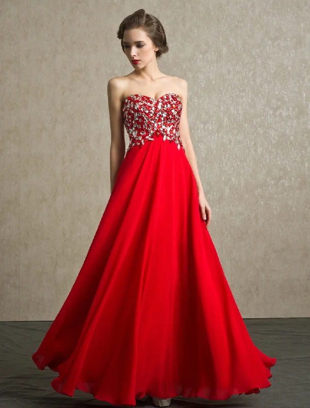 Value Deals Amazing Red Evening Dresses  Long Strapless Backless Evening Dress Rhinestone Chiffon Party Dress