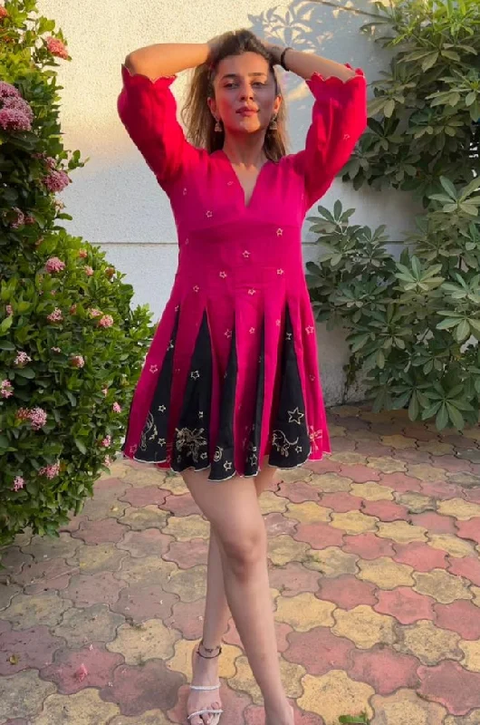 Deep Discounts Nitara Pink Embroidered Flared Cocktail Dress