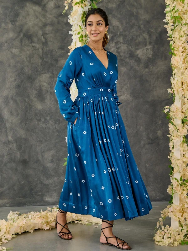 Final Sale Indigo Bandhani Modal Satin Maxi Dress