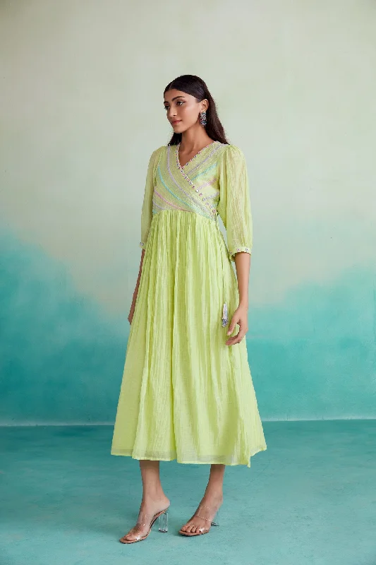 Limited Edition Vivid dress - Lime Hand embroidered gathered Dress