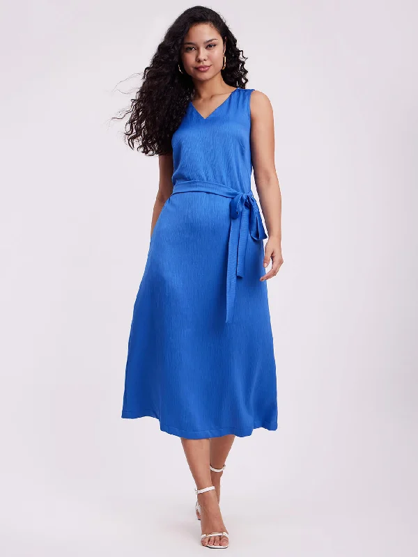 Deal Zone Satin V-Neck Dress - Blue