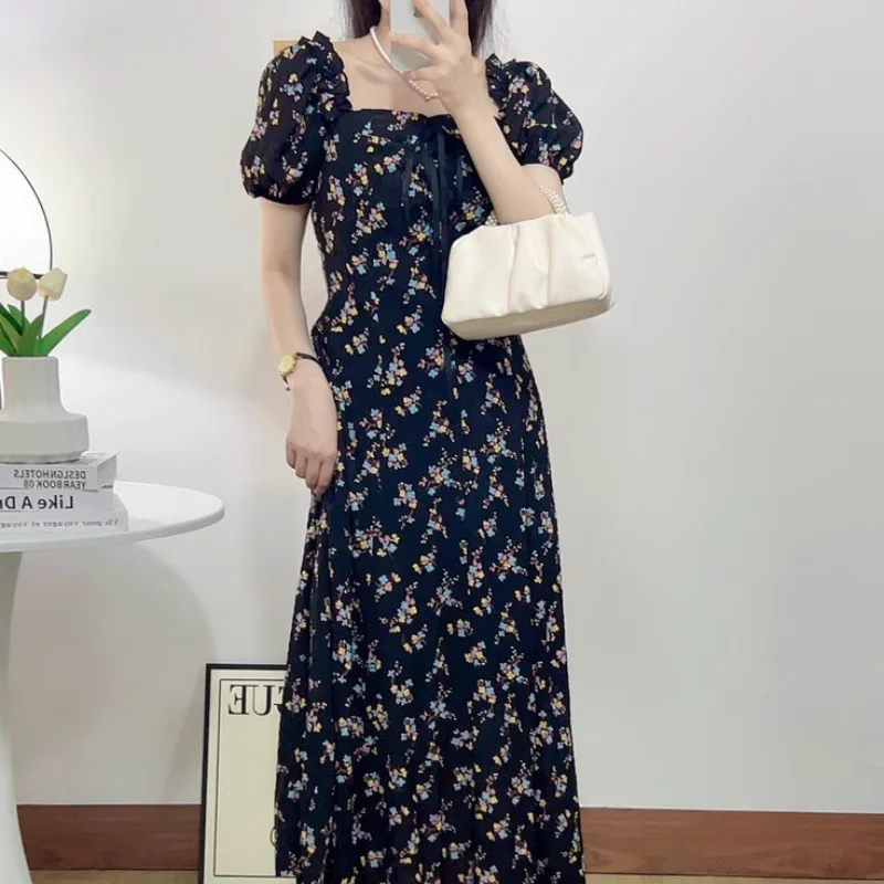 Incredible Offers Plus Size Square Neck Floral Korean Midi Dress