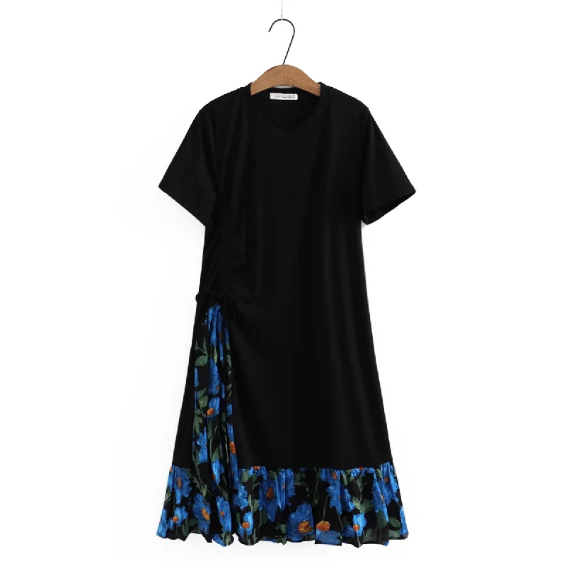 Super Sale Plus Size Blue Floral Side Korean Dress