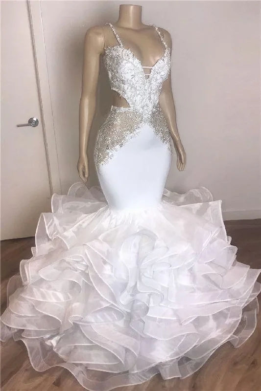 Clearance Sale Spaghetti Straps Mermaid Ruffles White Prom Dresses