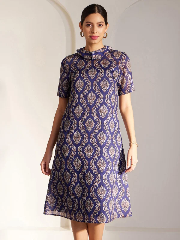 Limited Availability Chanderi Indian Motifs Dress - Blue
