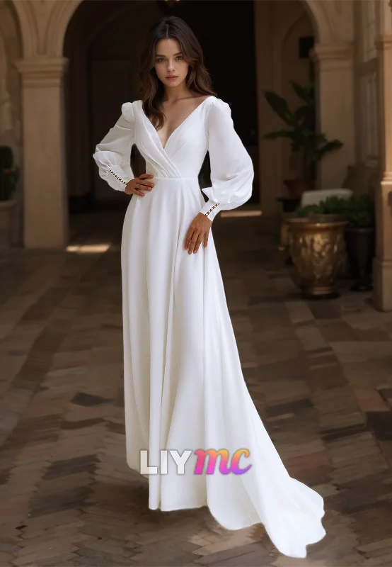 Grand Opening Sale V-Neck Long Sleeves Pleated A-Line Beach Wedding Dress
