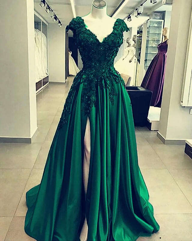 Savings Alert Lace Flowers Beaded Cap Sleeves V Neck Prom Dresses, Split Evening Gowns Savings Alert Lace Flowers Beaded Cap Sleeves V Neck Prom Dresses, Split Evening Gowns