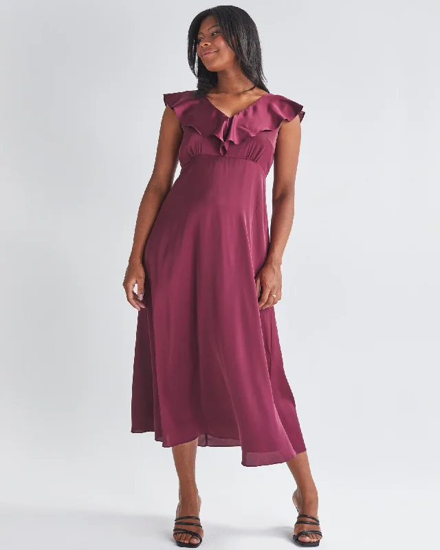 Savings Galore Mika Maternity Ruffle Silk Dress in  Wine