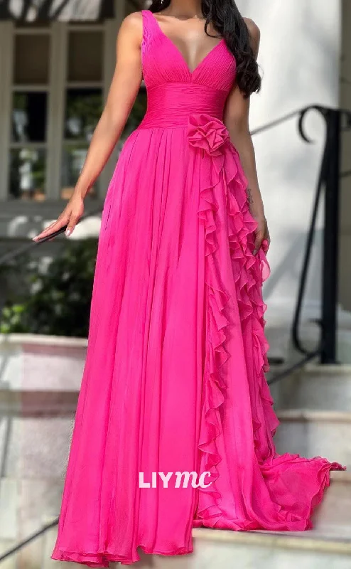 Steals and Deals LP2020 - V-Neck Sleeveless Floral Sleek Satin A-Line Prom Dress