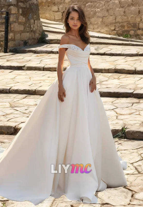 Final Clearance Off-Shoulder Strapless Beaded Pleated Sleek Satin A-Line Wedding Dress