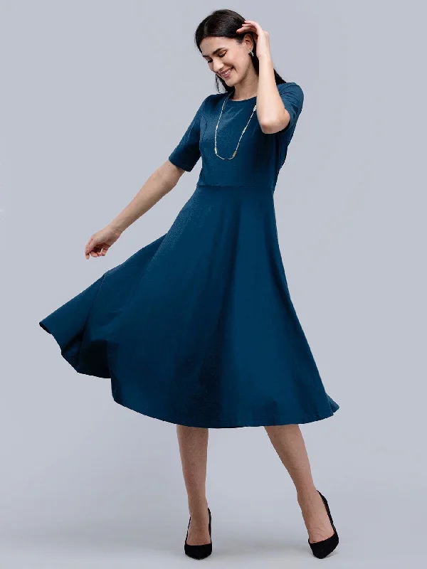 Act Fast Cotton Round Neck Knitted Fit And Flare Dress - Blue
