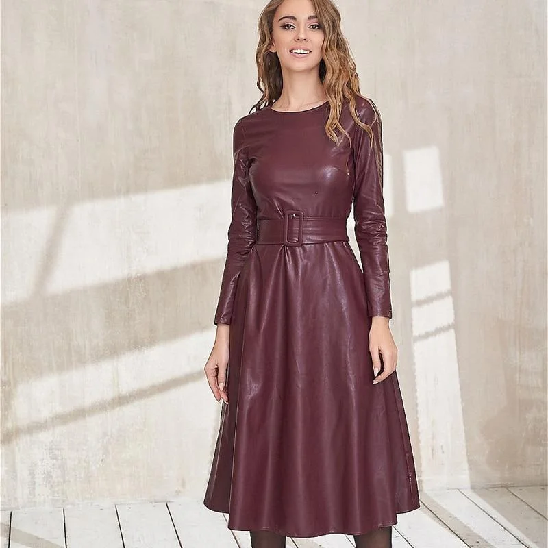 Discount Deals Belted Leather Dress For Women