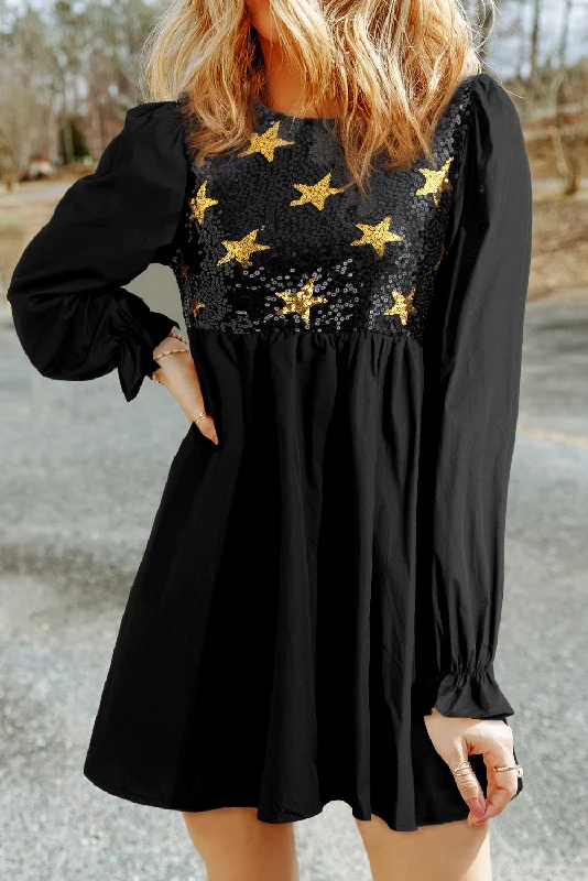 Special Promotion Black Sequined Stars Flounce Sleeve Ruffled Babydoll Dress