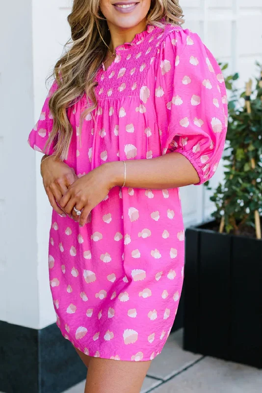 Super Savings Bright Pink Printed Shirred Yoke Half Puff Sleeve Dress