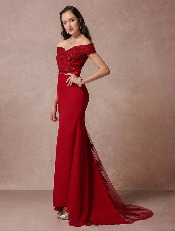 Daily Deals Amazing Red Mermaid Backless Off-thw-shoulder Evening Dress
