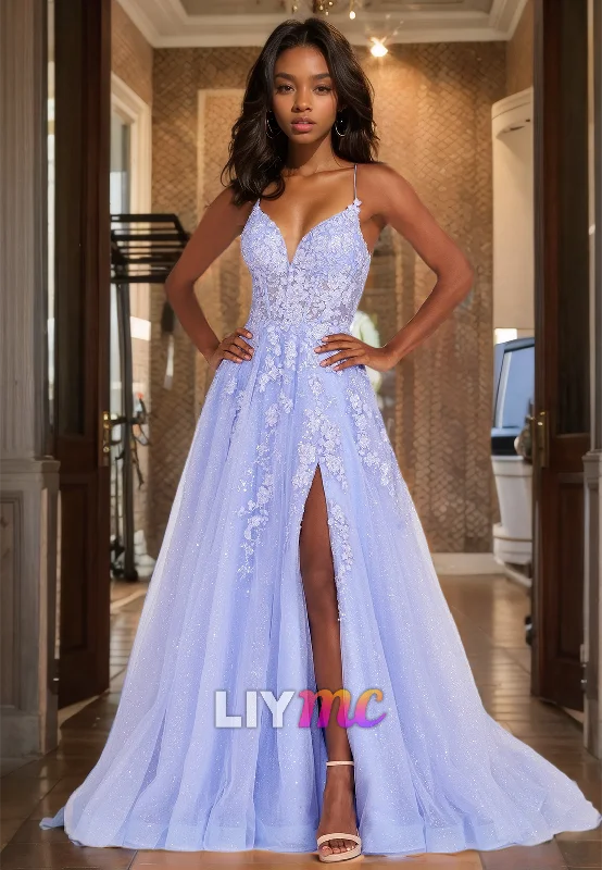 V-Neck Sleeveless Appliques Tulle Pleated Prom Dress