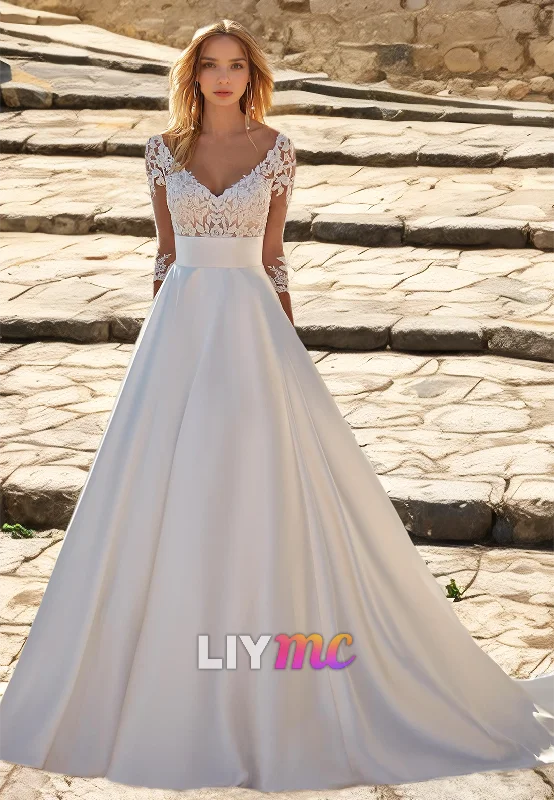 Fantastic Deals V-Neck Long Sleeves Appliques Pleated Satin A-Line Wedding Dress