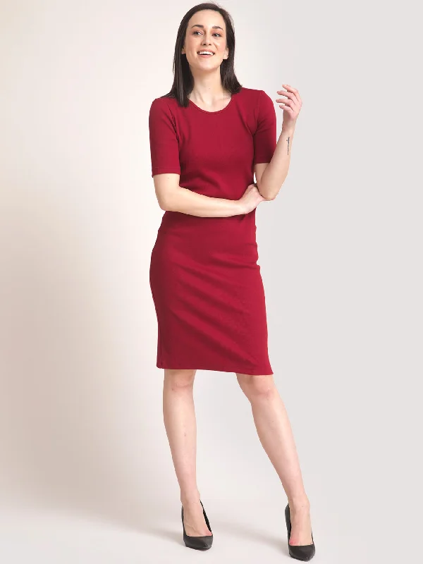 Exclusive Preview Stretchable Round Neck LivIn Dress - Maroon