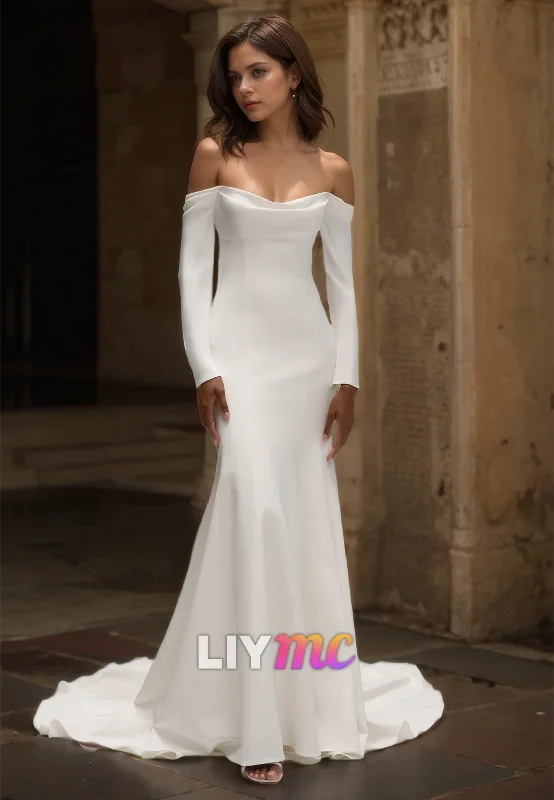 Price Drop Off-Shoulder Long Sleeves Sleek Satin Mermaid Wedding Dress