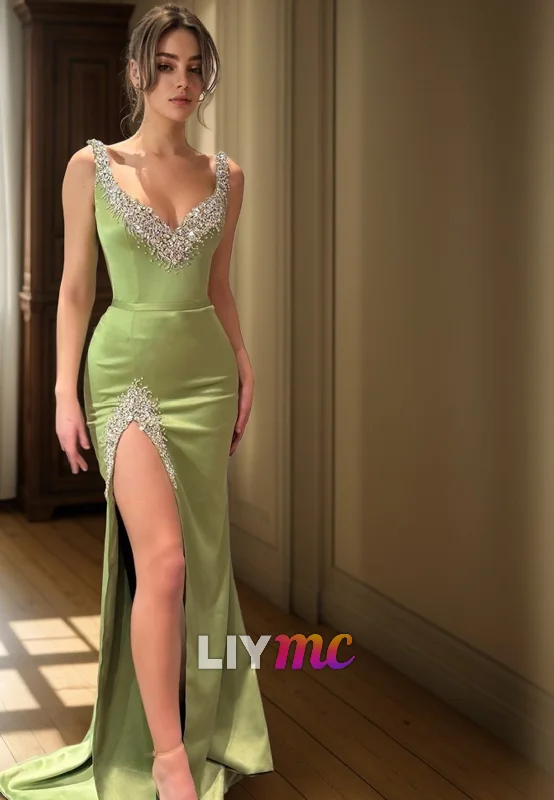 Bargain Prices LP2271 - V-Neck Sleeveless Beaded High Slit Sleek Satin Sheath Prom Dress